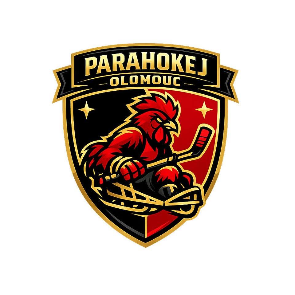 Le logo du club Parahokej Olomouc : un coq rouge casqué, crosse de hockey à la main sur sa luge, dans un écusson noir et rouge bordé d'or, surmonté du nom du club