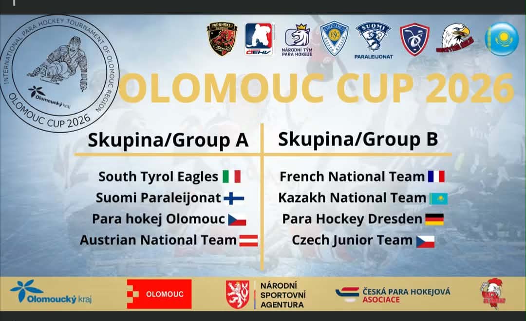 Les deux poules de l'Olomouc Cup 2026 : groupe A avec les South Tyrol Eagles, la Finlande, Para hokej Olomouc et l'Autriche ; groupe B avec l'équipe de France, le Kazakhstan, Para Hockey Dresden et les juniors tchèques